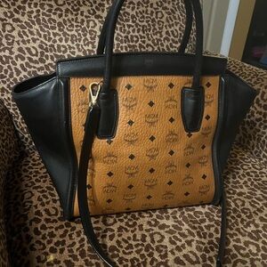 MCM Black and Tan Tote Bag with Monogram Print
